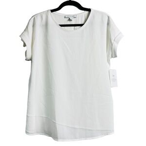 NWT Madison Grey Women’s Sz Large White Short Roll Tab Sleeve Round Neck Blouse